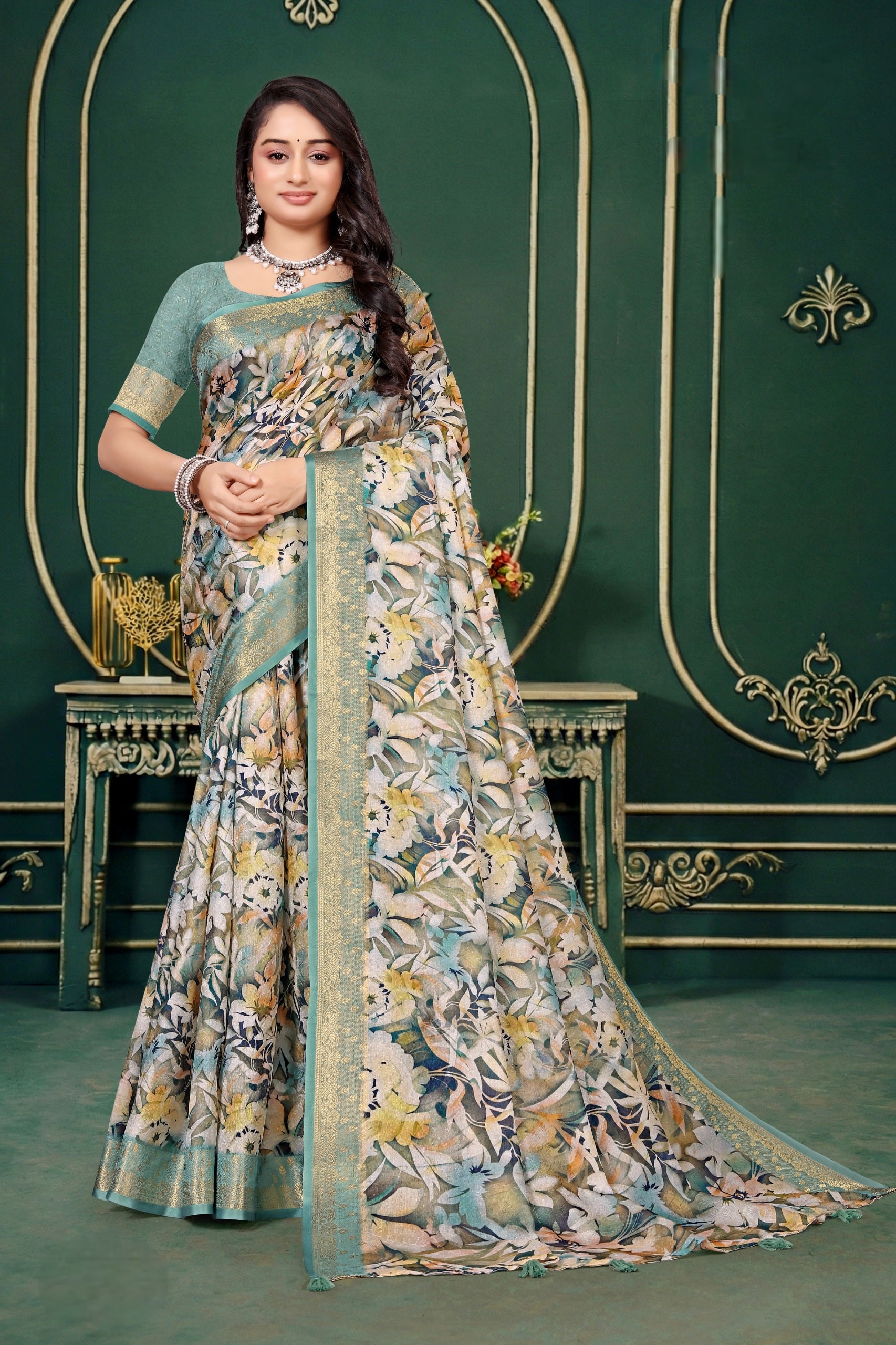 102202 Designer Soft Dola Silk Flower Printed Saree with Zari Weaving Border