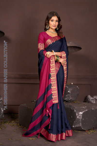 919003 Georgette Crepe Silk Soli Color with Banarasi Weaving  Border Saree - Navy Blue