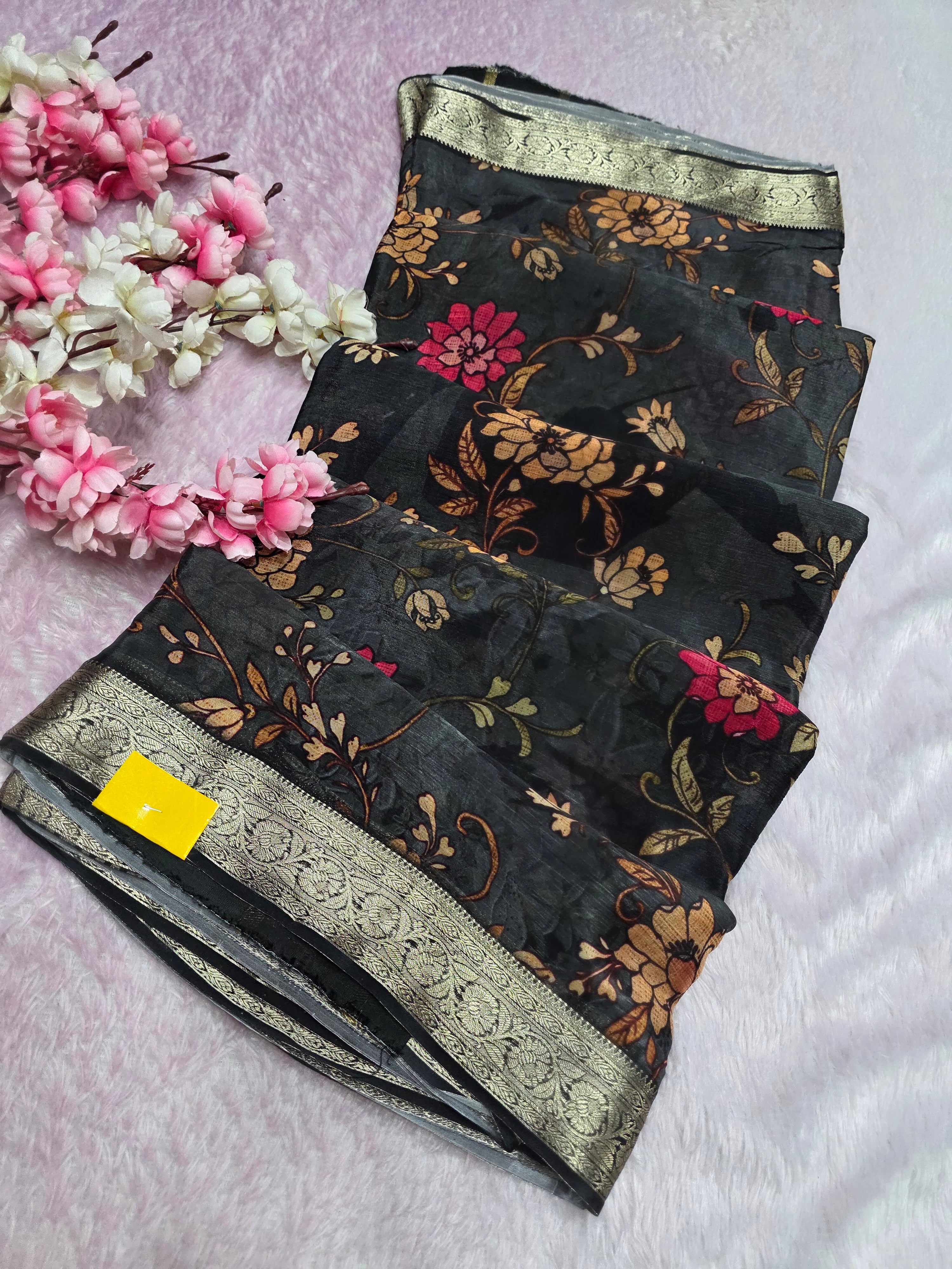 CA0707 pure chinon silk flower saree grey