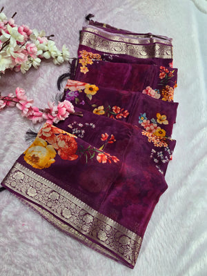 CA0994 Chitra Exclusive Pure Chinon Silk Flower Printed Saree With Zari Border