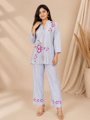 1792 Pure Soft Cotton Silver Color Co-Ord Set With Hand Painted Flowers