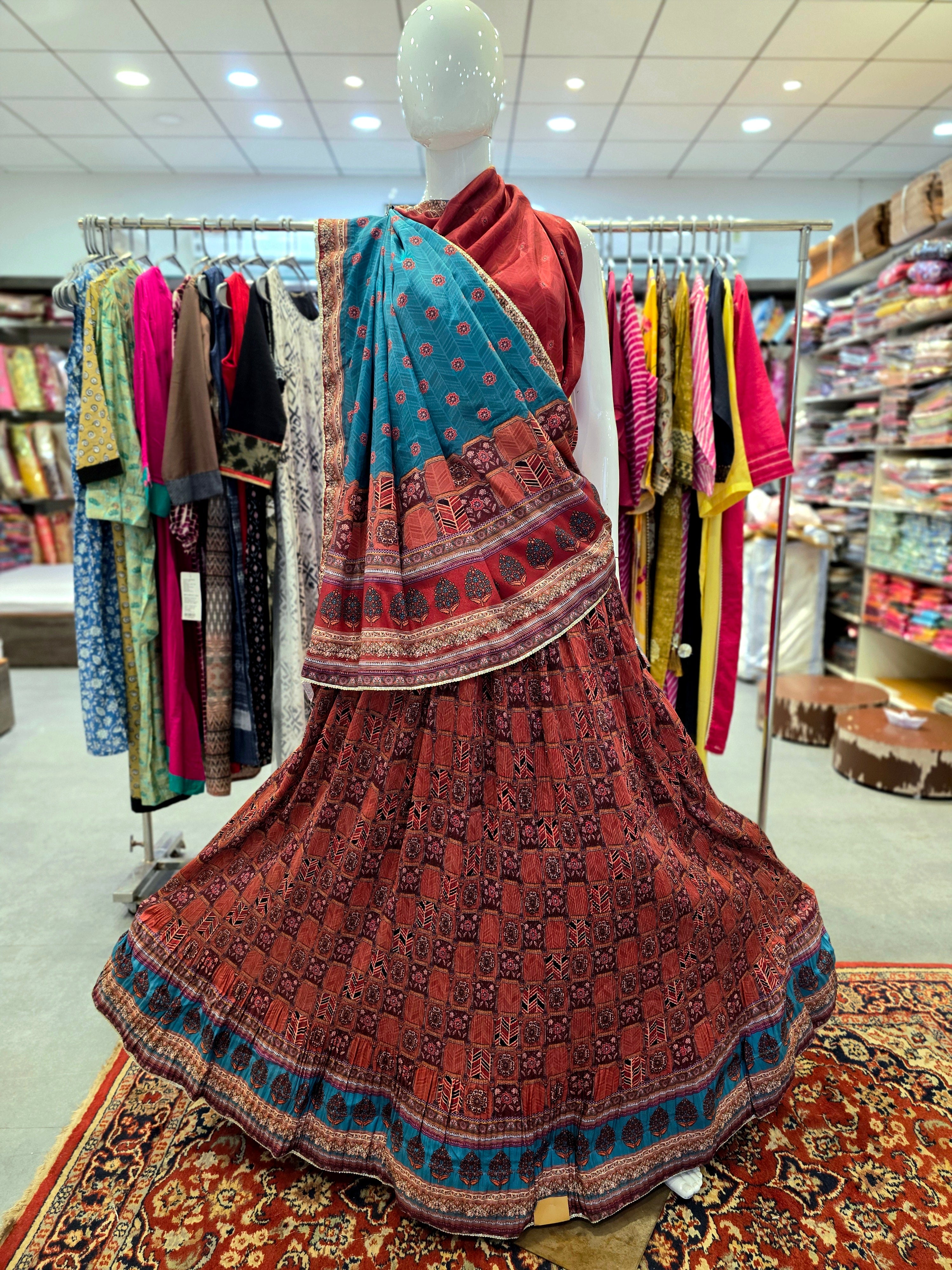 414005 Ajrakh Printed Silk Crush Lehanga Set