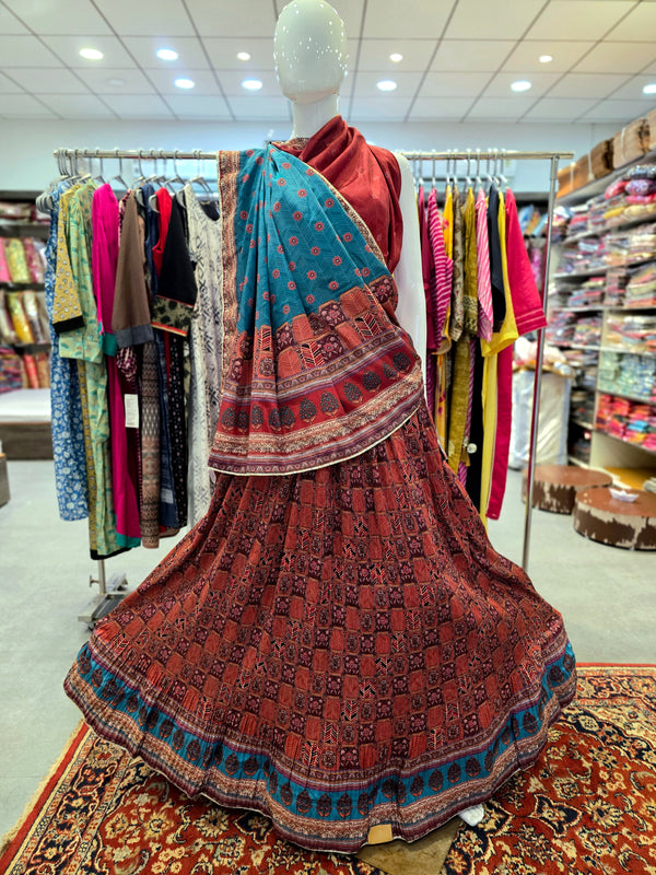 414005 Ajrakh Printed Silk Crush Lehanga Set