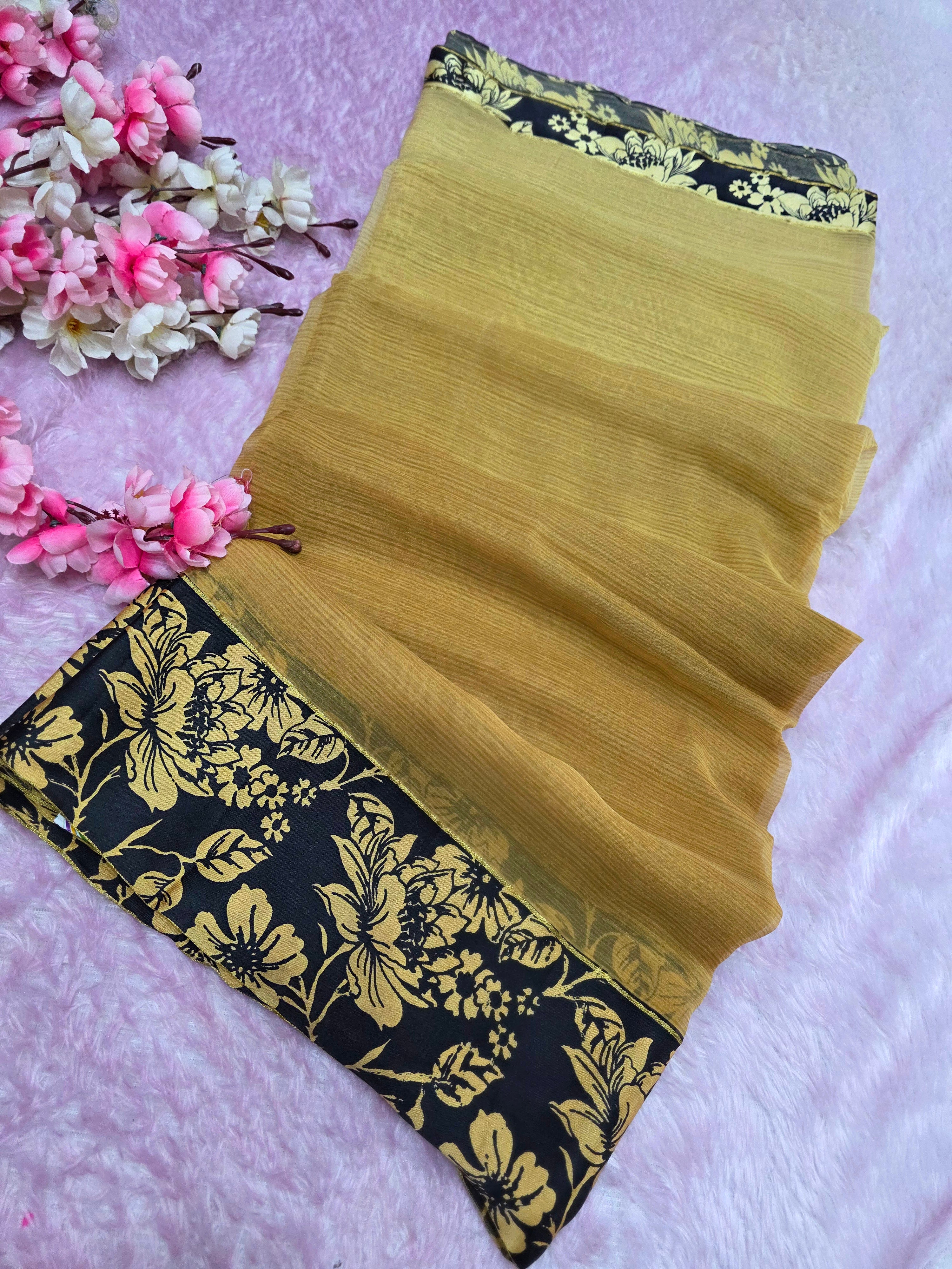 103401 Pure Double Diamond Chiffon Saree with Flower Printed Pure Satin Border