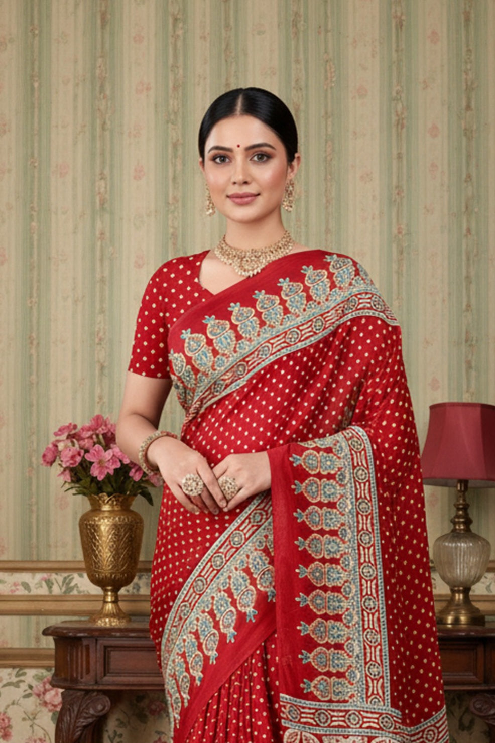 937004 Traditional Ajrakh Print Satin Silk Saree - Maroon