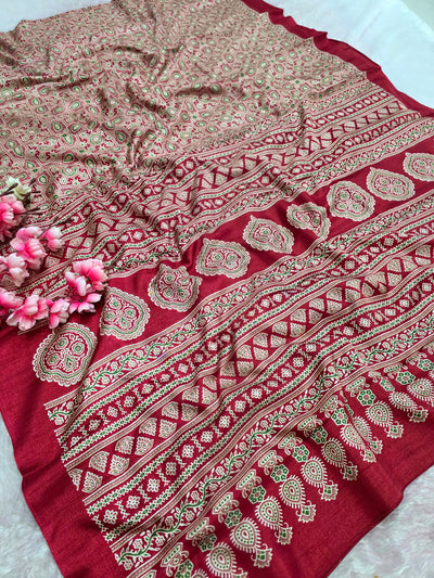 973001 Traditional Ajrakh Print Semi Dola Silk Saree - Red
