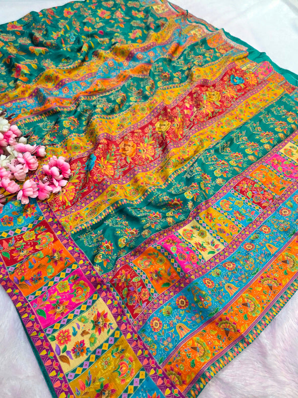 931004 Royal Kashmiri Pashmina Work Pure Soft Dola Silk Saree with Heavy Zari Blouse - Green