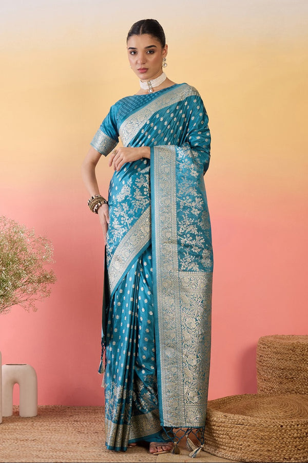 912003 Small Butta Banarasi Satin Silk Saree - Blue