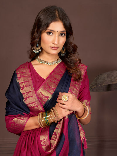 919003 Georgette Crepe Silk Soli Color with Banarasi Weaving  Border Saree - Navy Blue