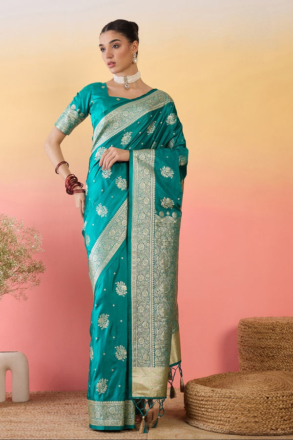 912002 Flower Butta Banarasi Satin Silk Saree - Teal