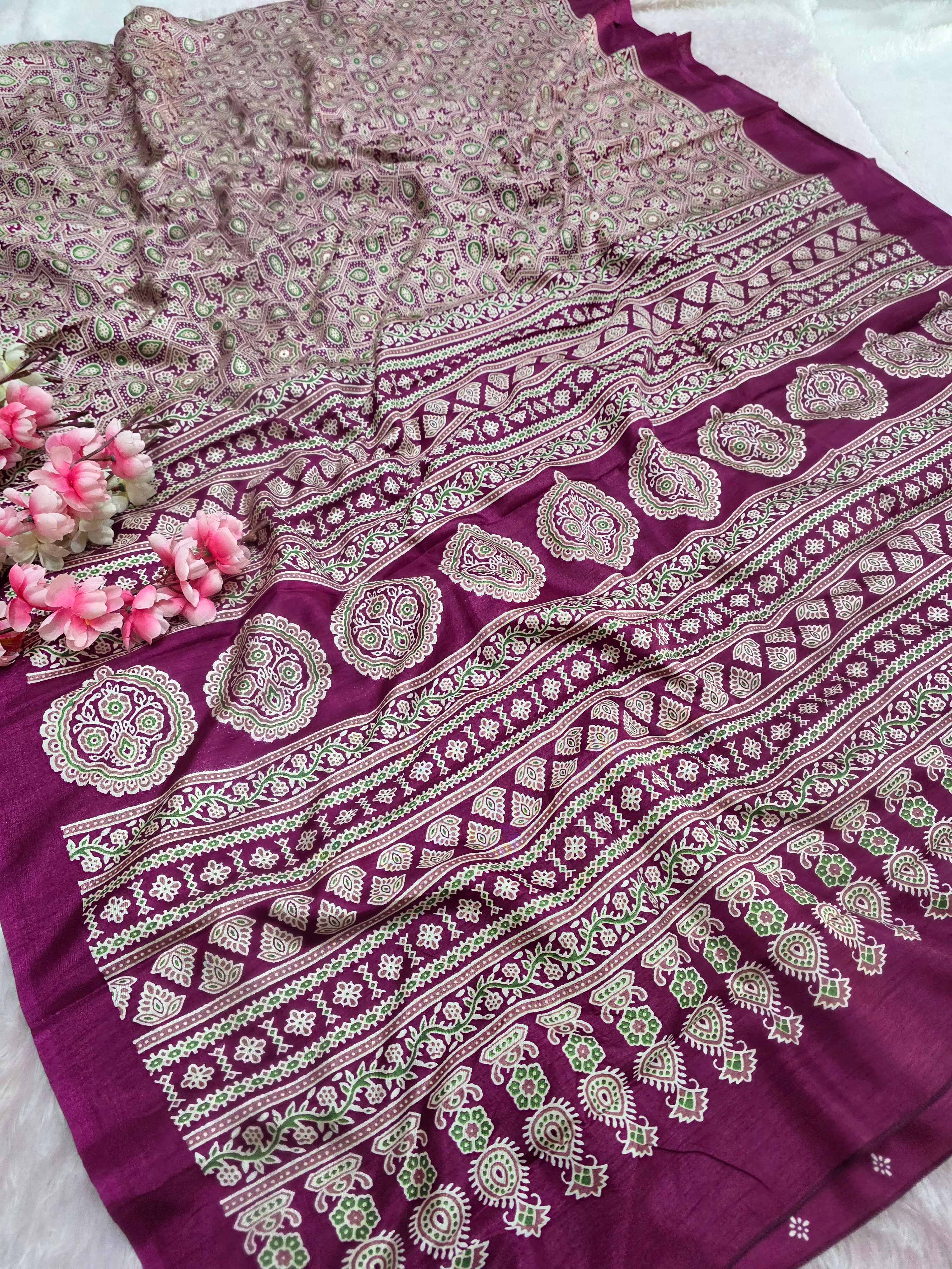973001 Traditional Ajrakh Print Semi Dola Silk Saree - Wine