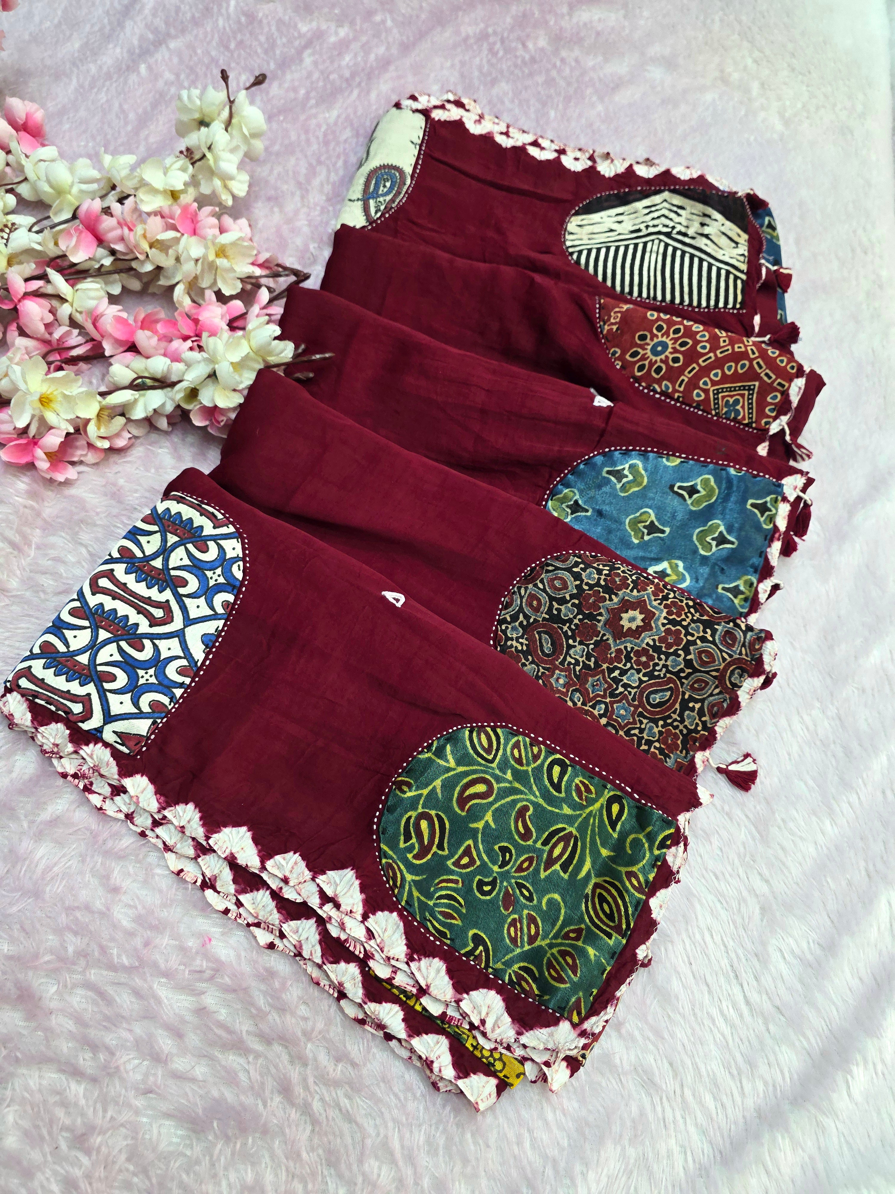 CA0751 Pure Modal Silk Ajrakh Natural Dye Patch Work Sraee - Maroon