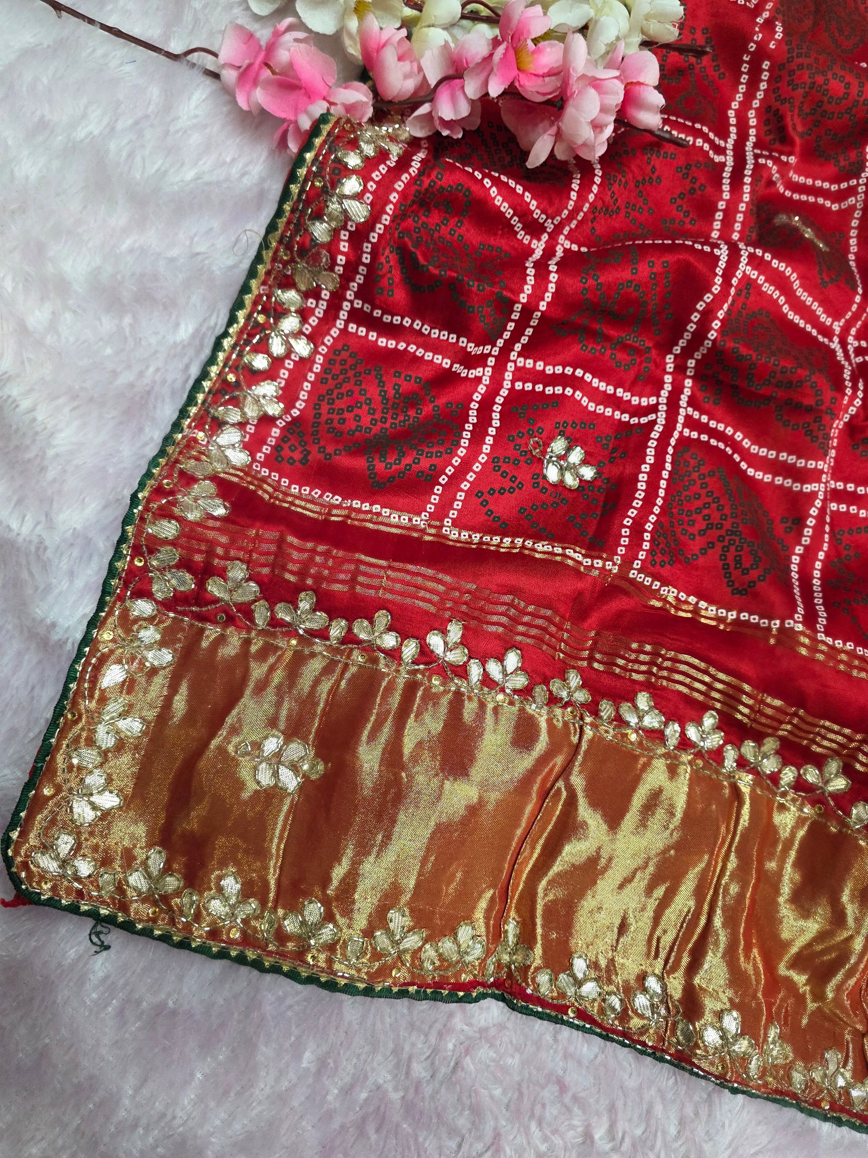 966003 Traditional Semi Gajji Silk Bandhani Saree with Hand Gota Patti Work