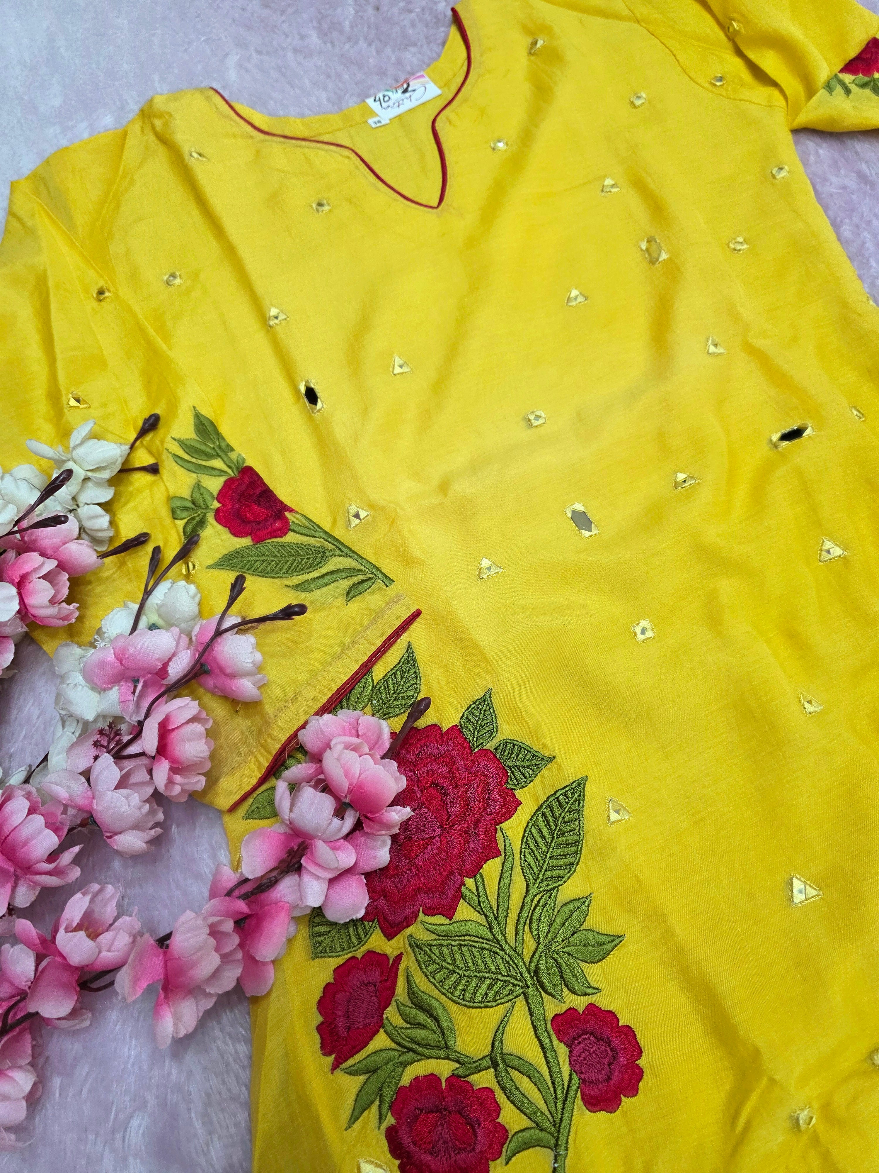 977003 Designer Maslin Fancy Kurti With Mirror Work