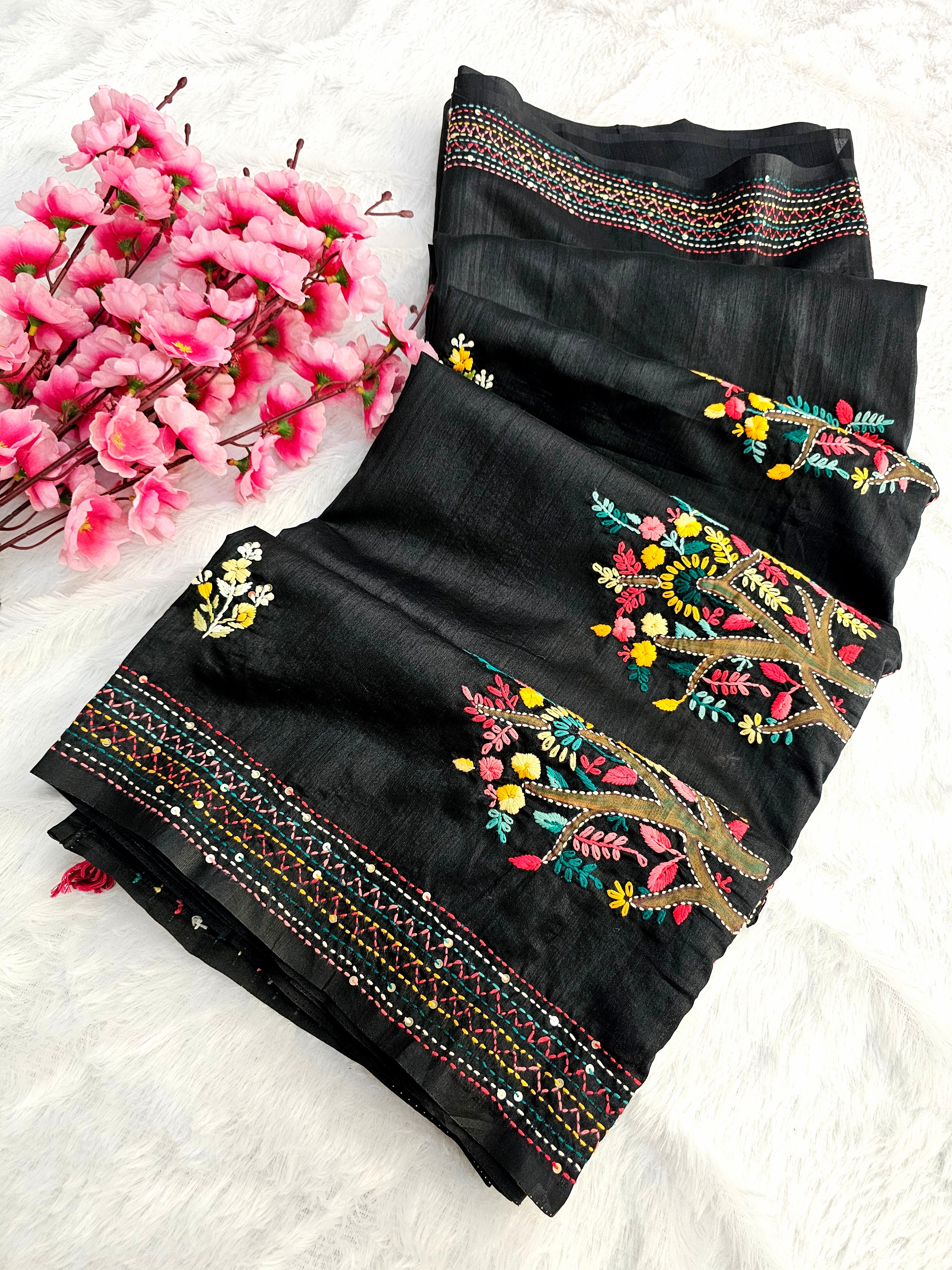 769004 Hand Painted Semi Tusser Silk Hand Made Premium Embroidery Saree