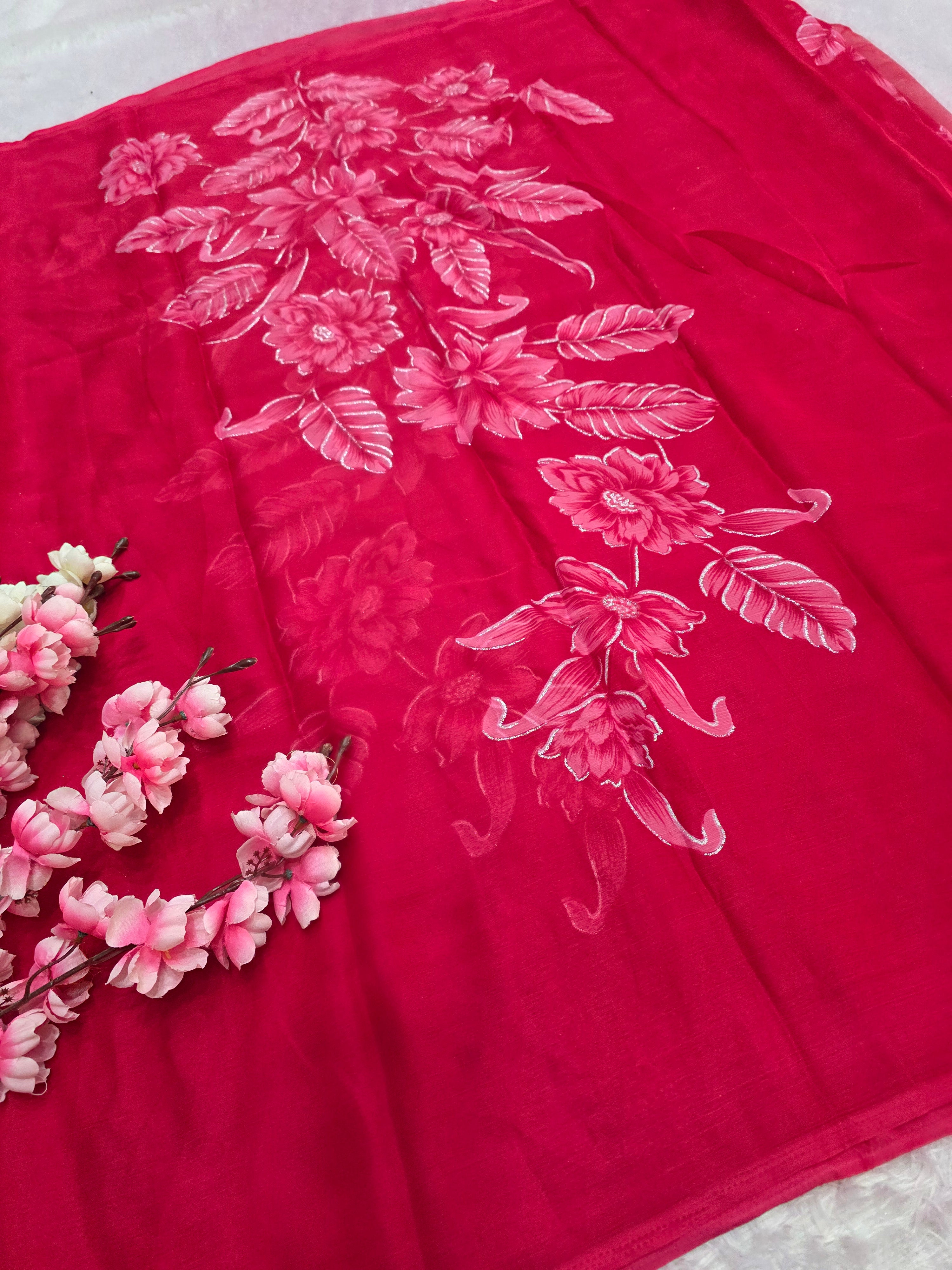 991003 Lightweight Elegant Semi Chiffon Flower Print Saree with Zari Print - Rani