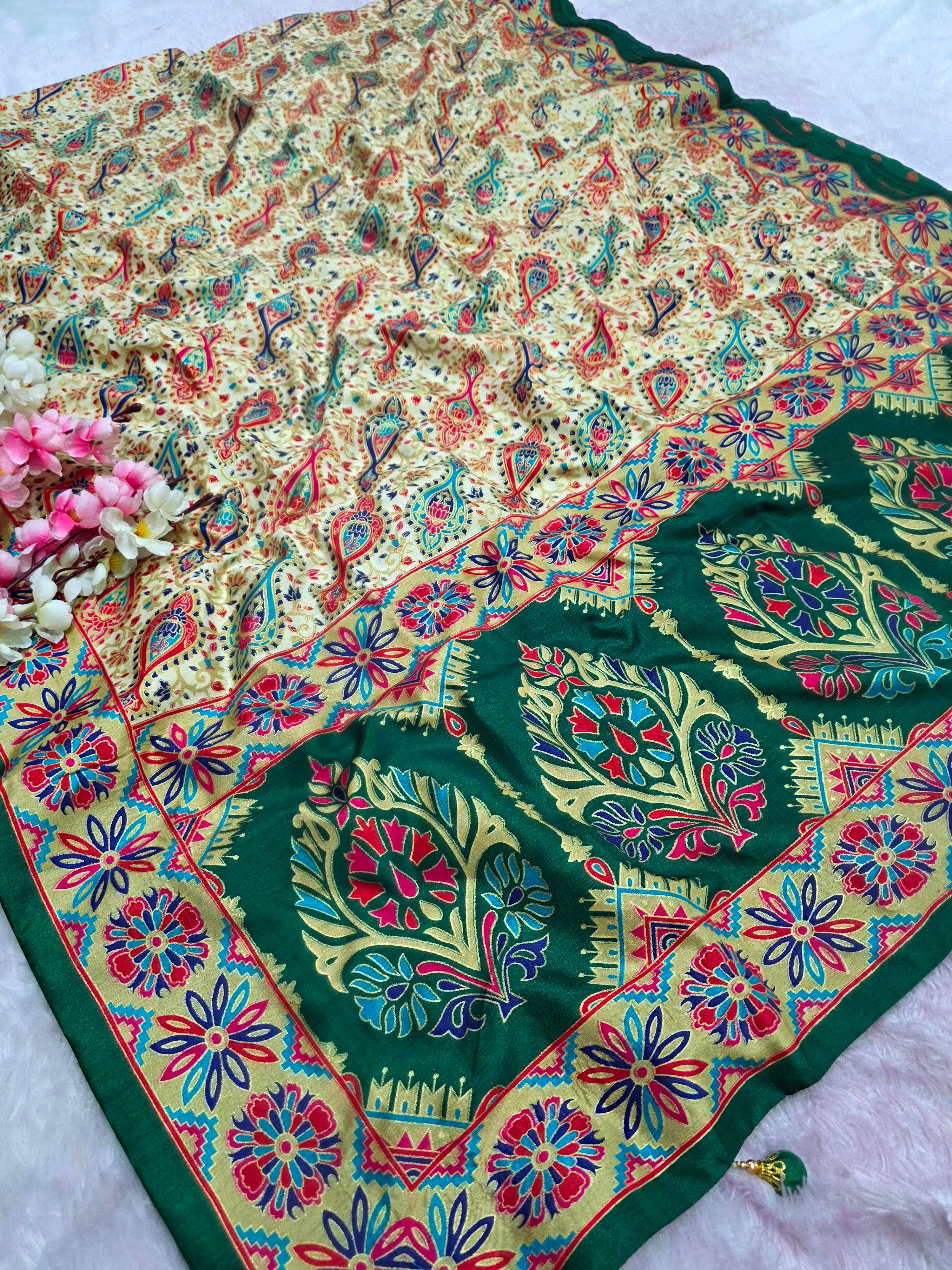 948004 Royal Kashmiri Print Semi Dola Silk Saree - Green