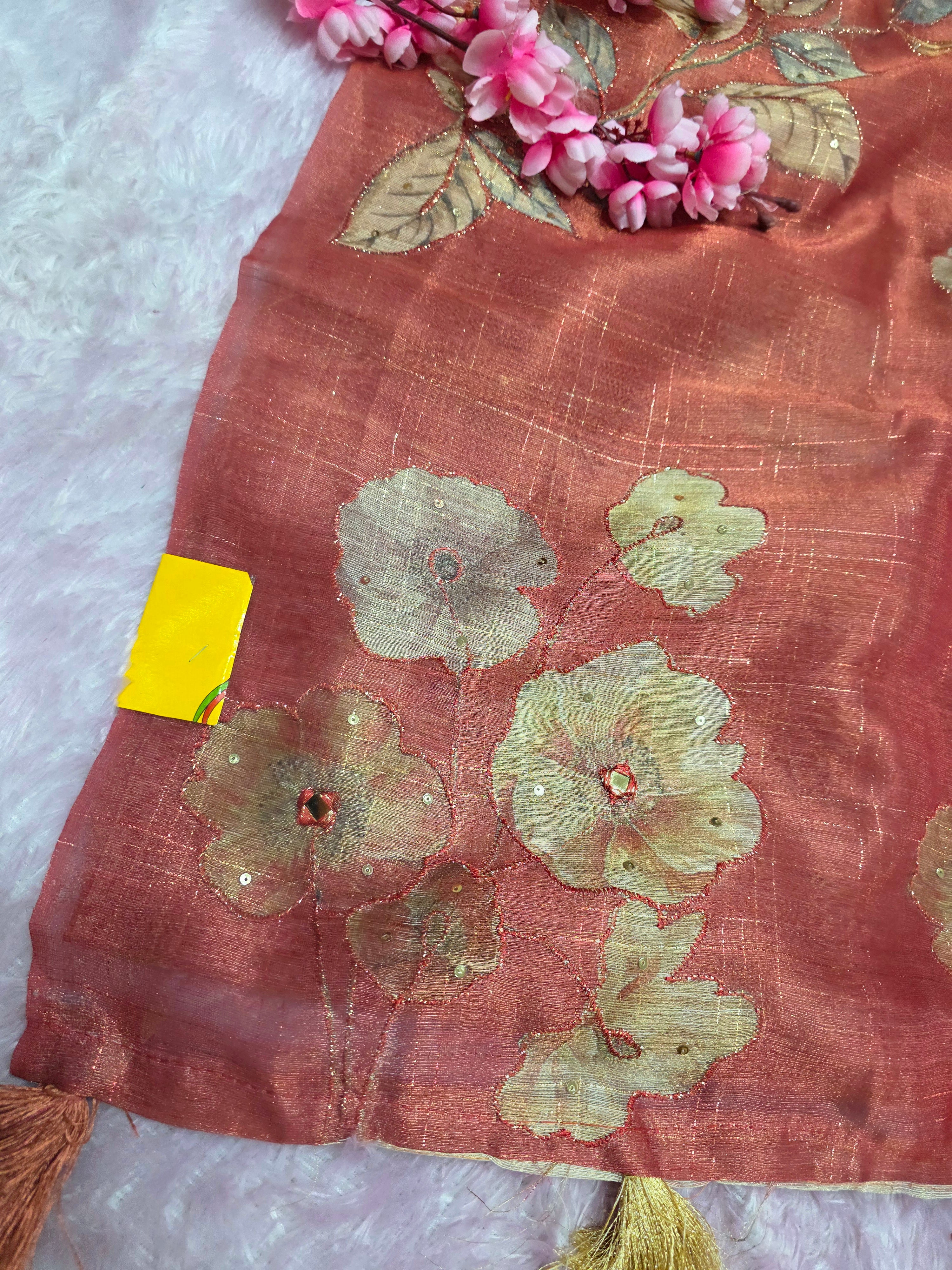 101703 Designer Tissue jute Silk Saree with Rajasthani Hand Aari Tari Work