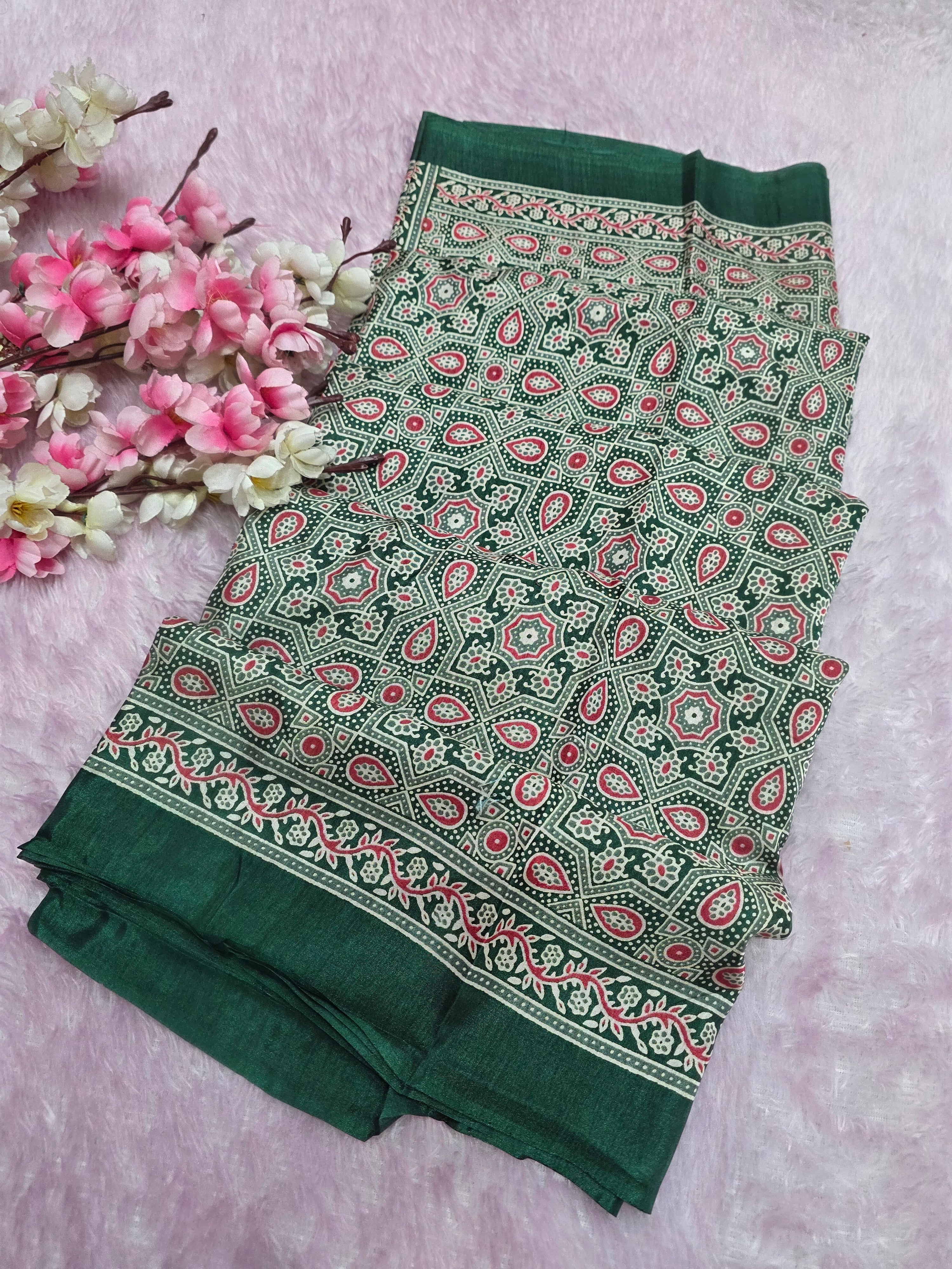973001 Traditional Ajrakh Print Semi Dola Silk Saree - Green