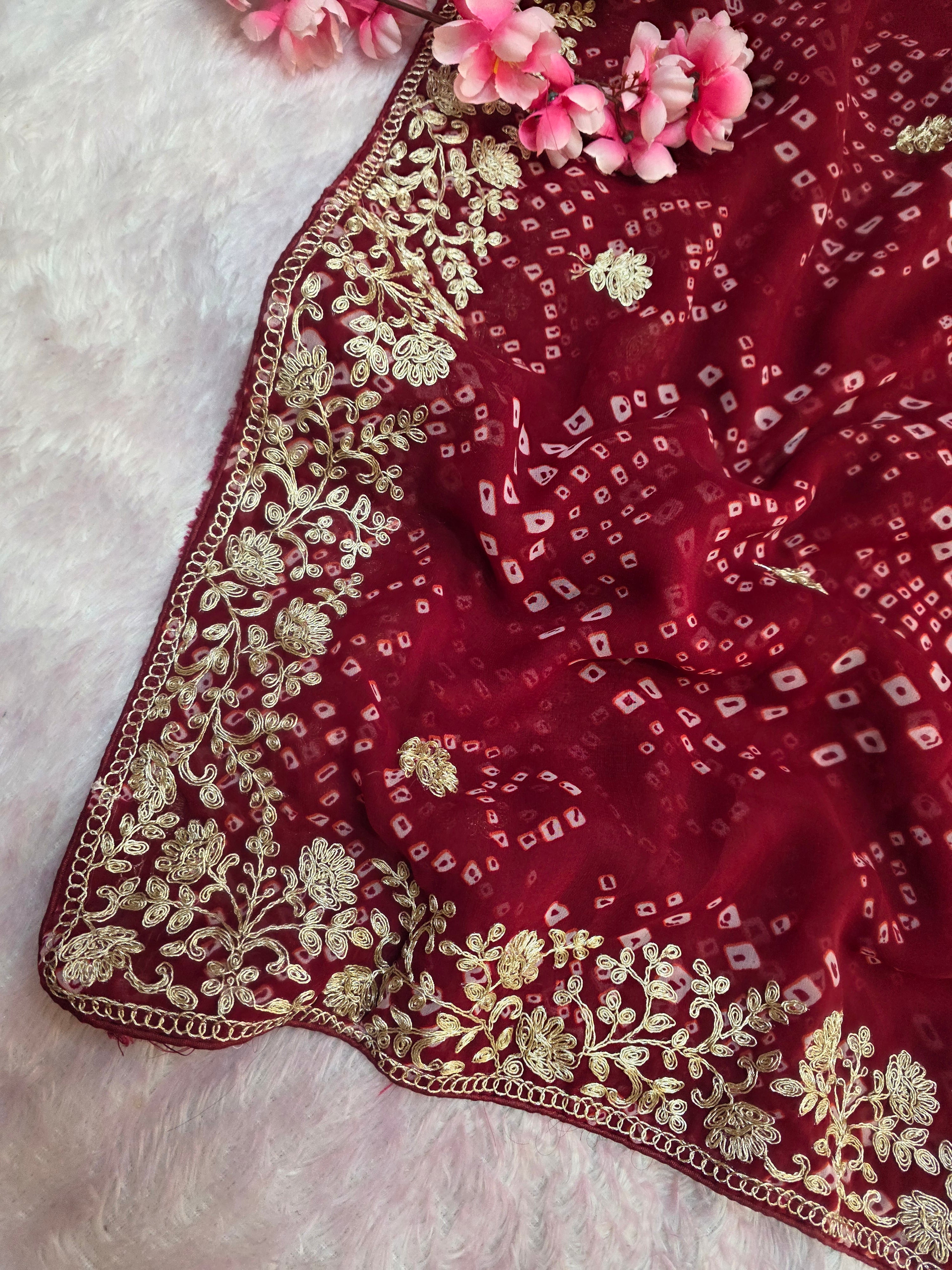 967001 Rajasthani Traditional Georgette Bandhani Saree with Pitta Work - Maroon