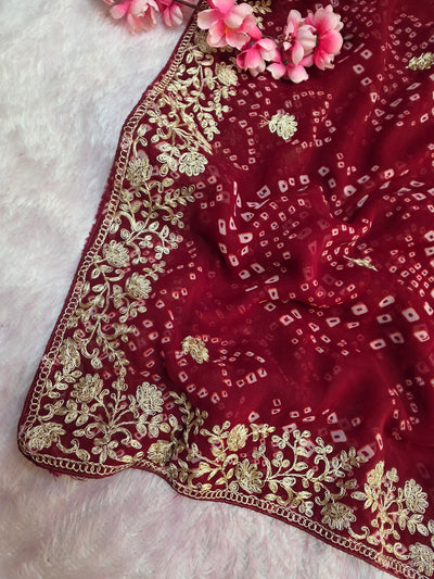 967001 Rajasthani Traditional Georgette Bandhani Saree with Pitta Work - Maroon