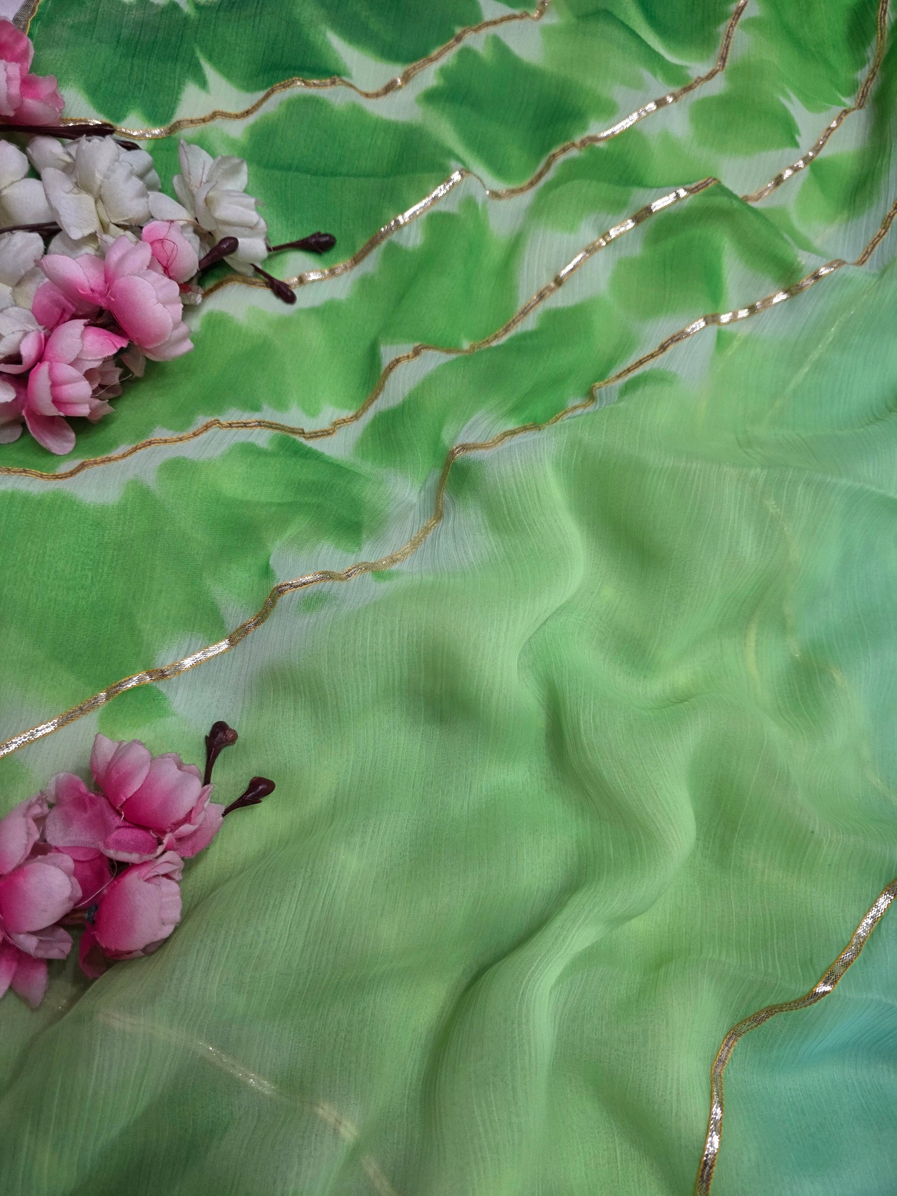 618004 Lightweight Elegant Semi Chiffon Lehriya Rajwadi Saree - Green
