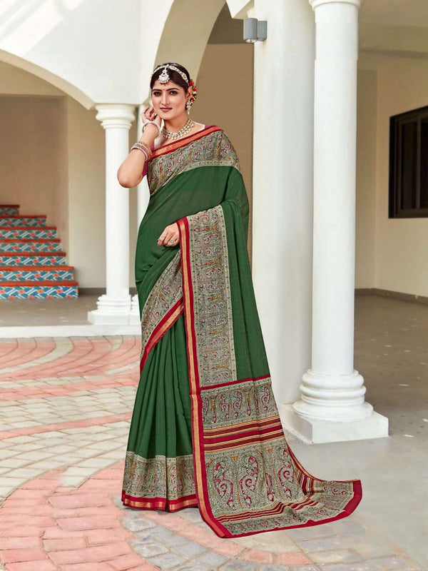 920002 Very Soft and Premium Looking Cotton Saree with Zari Border - Green
