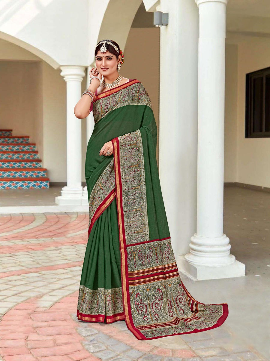 920002 Very Soft and Premium Looking Cotton Saree with Zari Border - Green