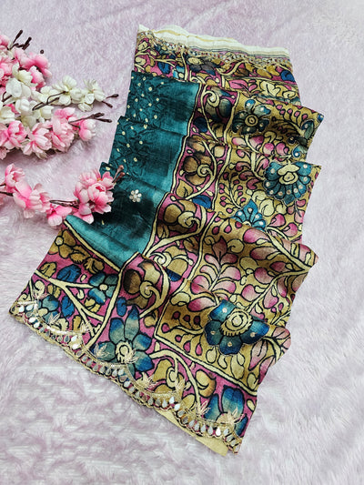 CA1022 Pure Tusser Silk Green Kalamkari Saree