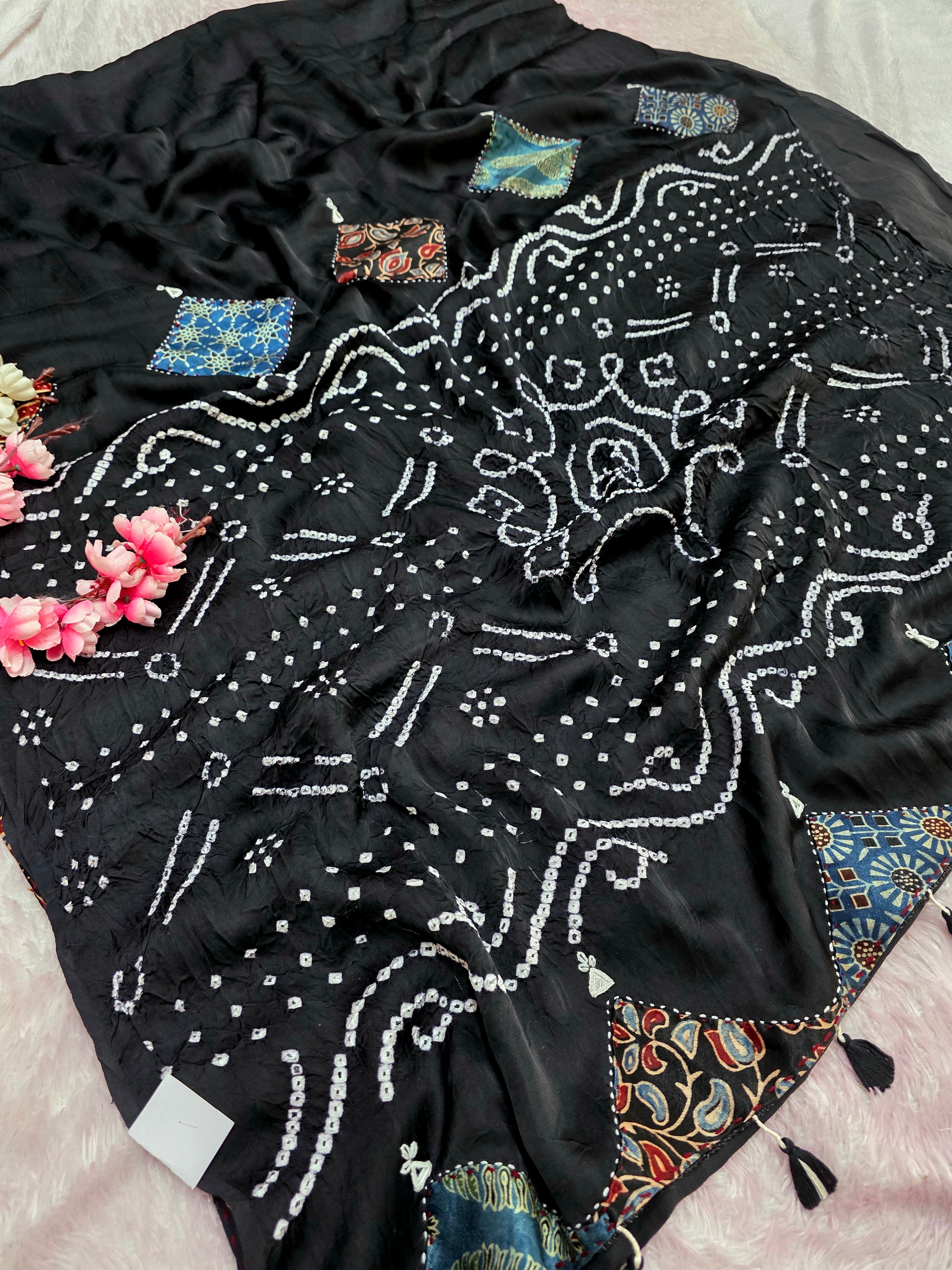 12595 Pure Modal Silk Hand Bandhani Saree with Ajrkah Patch Work