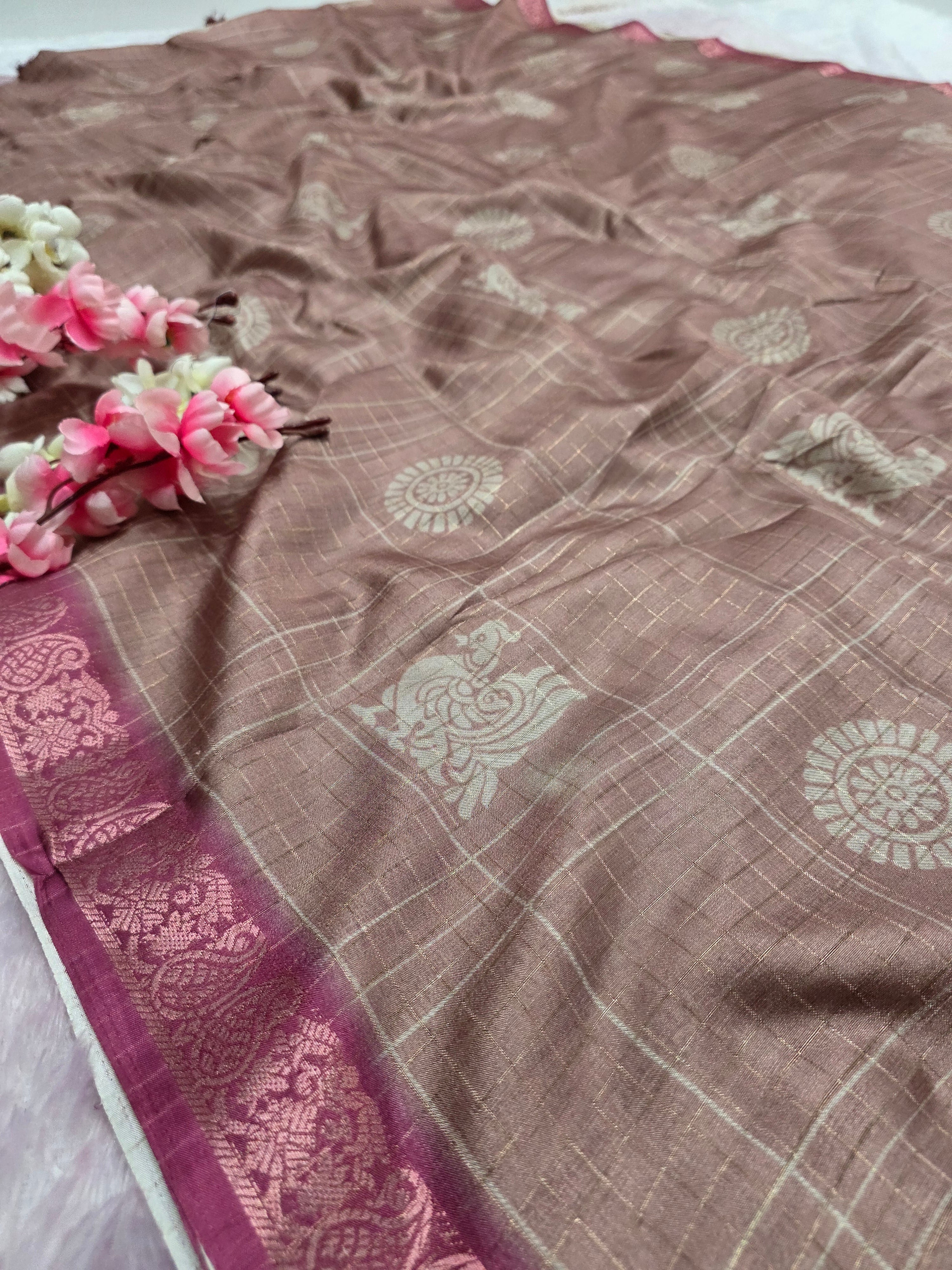 102405 Exclusive Soft Viscose Silk Printed Saree with Zari Weaving Checks - Brown