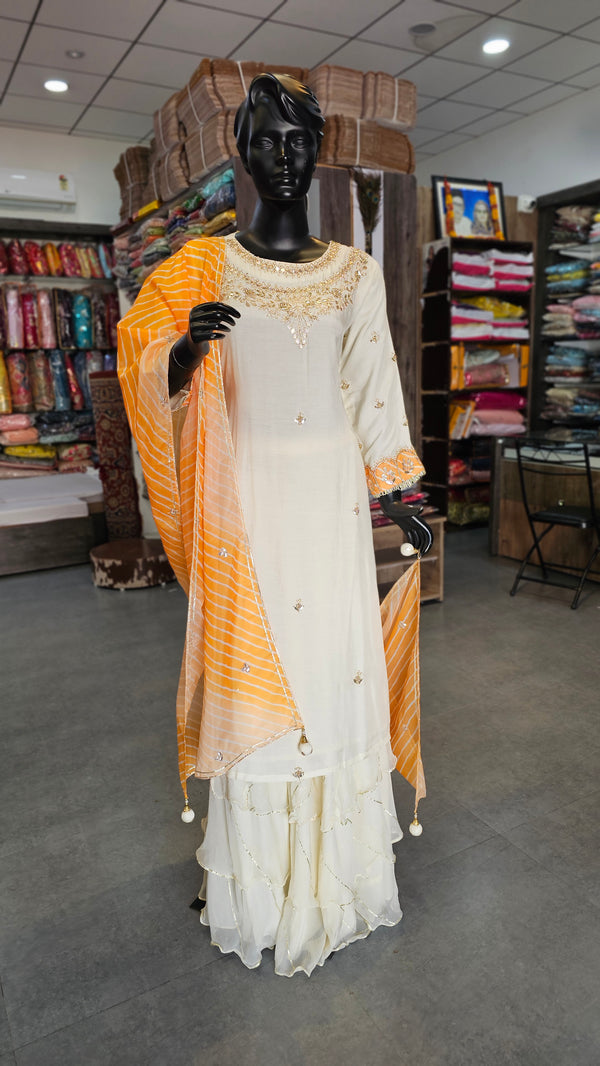9232 Premium Hand Zardosi and Gotawork Maslin Silk Kurti with Raffle Skirt with Lehriya Dupatta