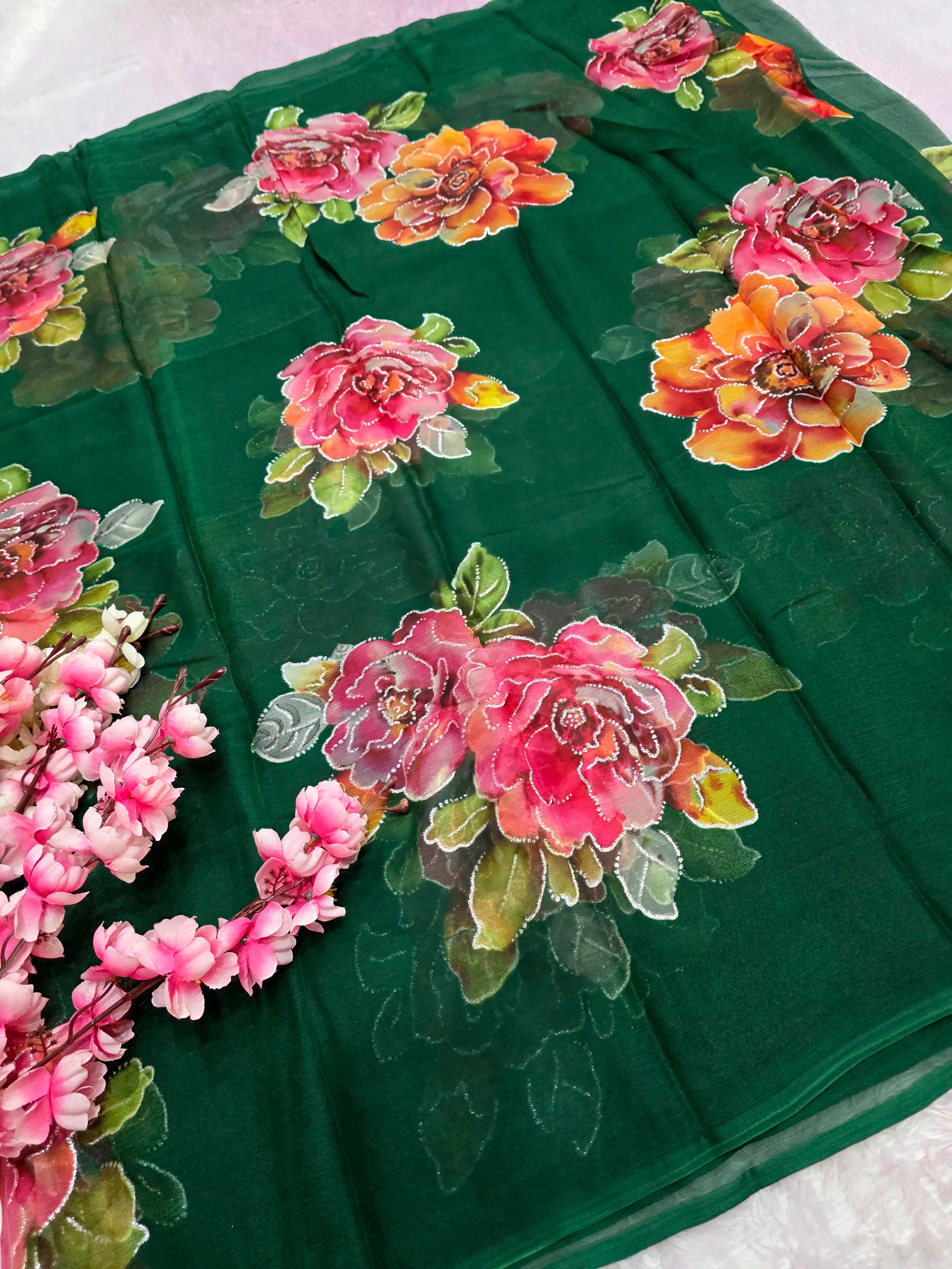 991002 Lightweight Elegant Semi Chiffon Flower Print Saree with Zari Print - Green