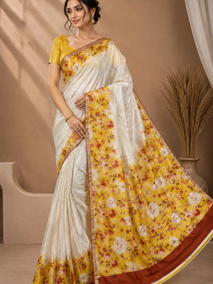 CA0824 Pure Chinon Silk Flower Print Saree - Cream Yellow