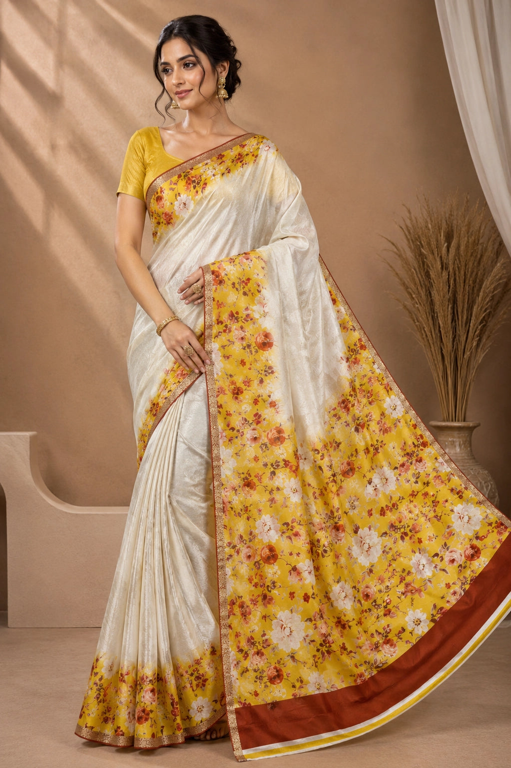 CA0824 Pure Chinon Silk Flower Print Saree - Cream Yellow
