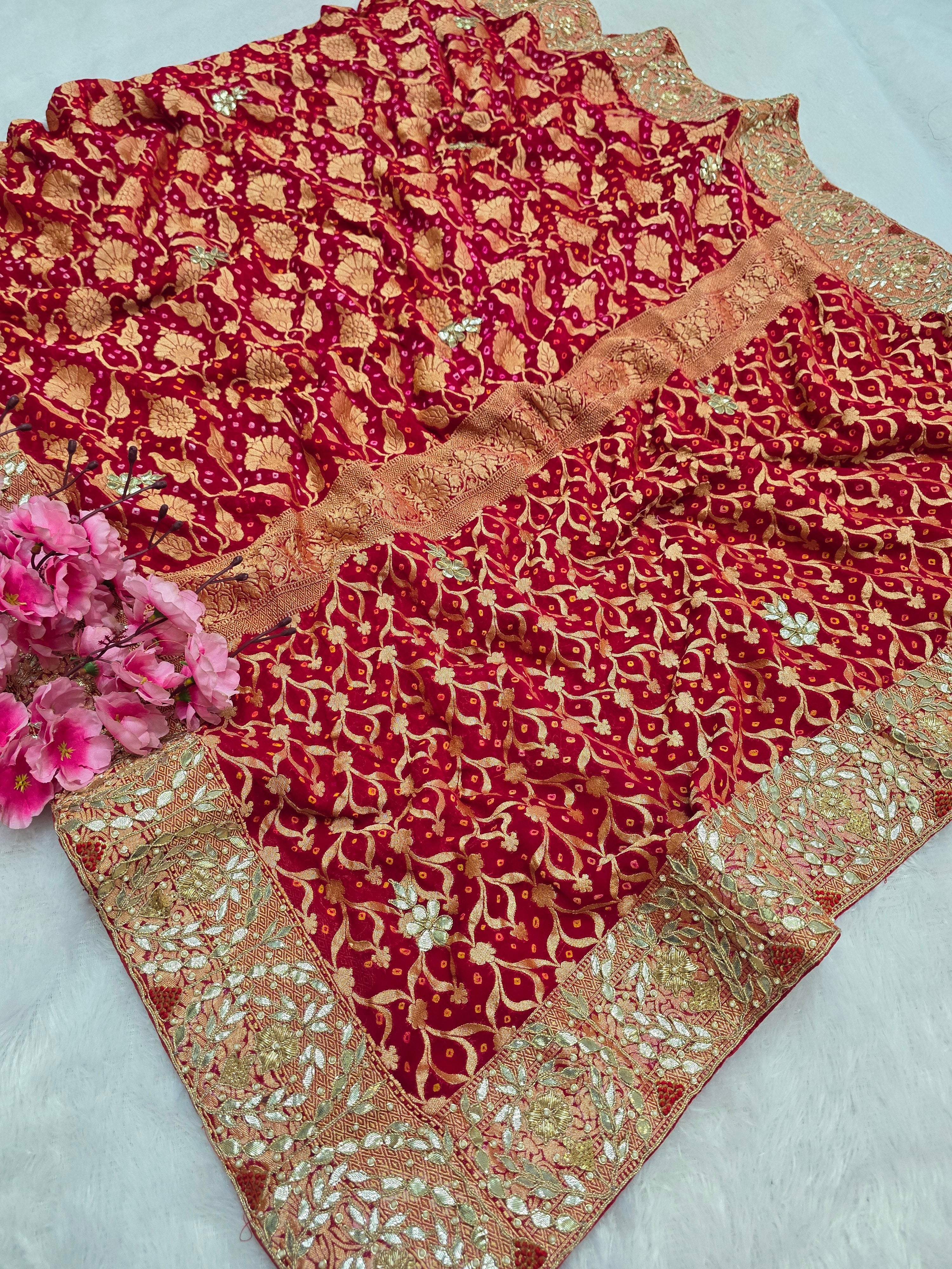 9614 Exclusive Pure Georgette Hand Rai Bandhani Saree With Premium Gotapatti Work