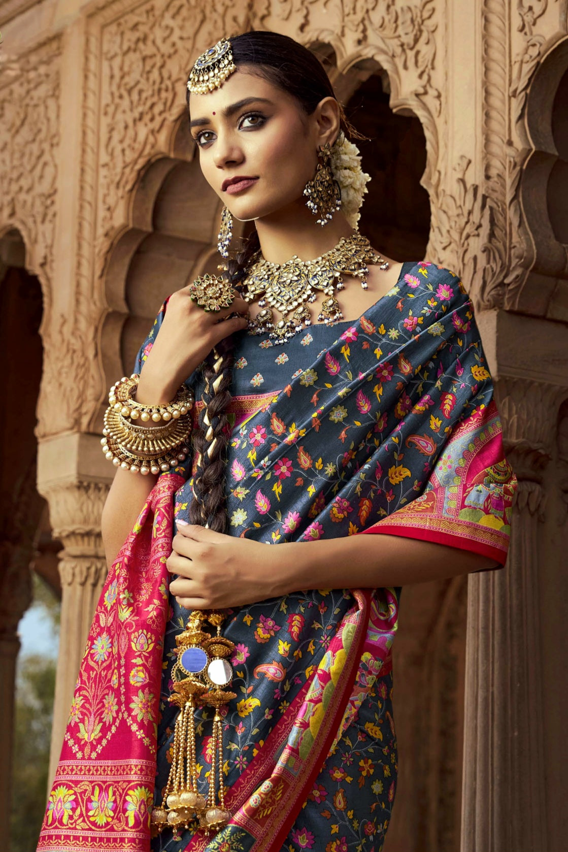 100704 Premium Kashmiri Print Silk Saree With Gold Print - Gray