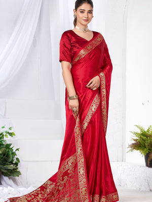 940004 Simple and Elegant Plane Modal Silk Saree With Zari Border and Pallu - Red Orange