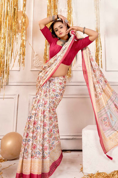 942002 Very Elegant Chiffon Crepe Silk Print Saree with Swarovski on Border - Rani