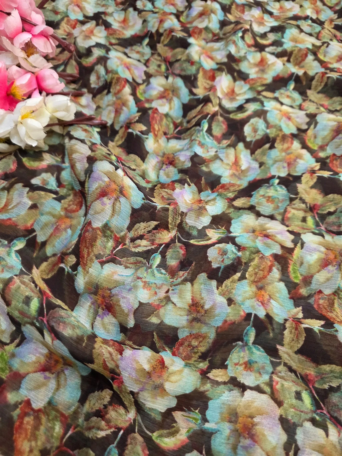 CA1031A Lightweight Elegant Semi Chiffon Flower Print Saree - Brown