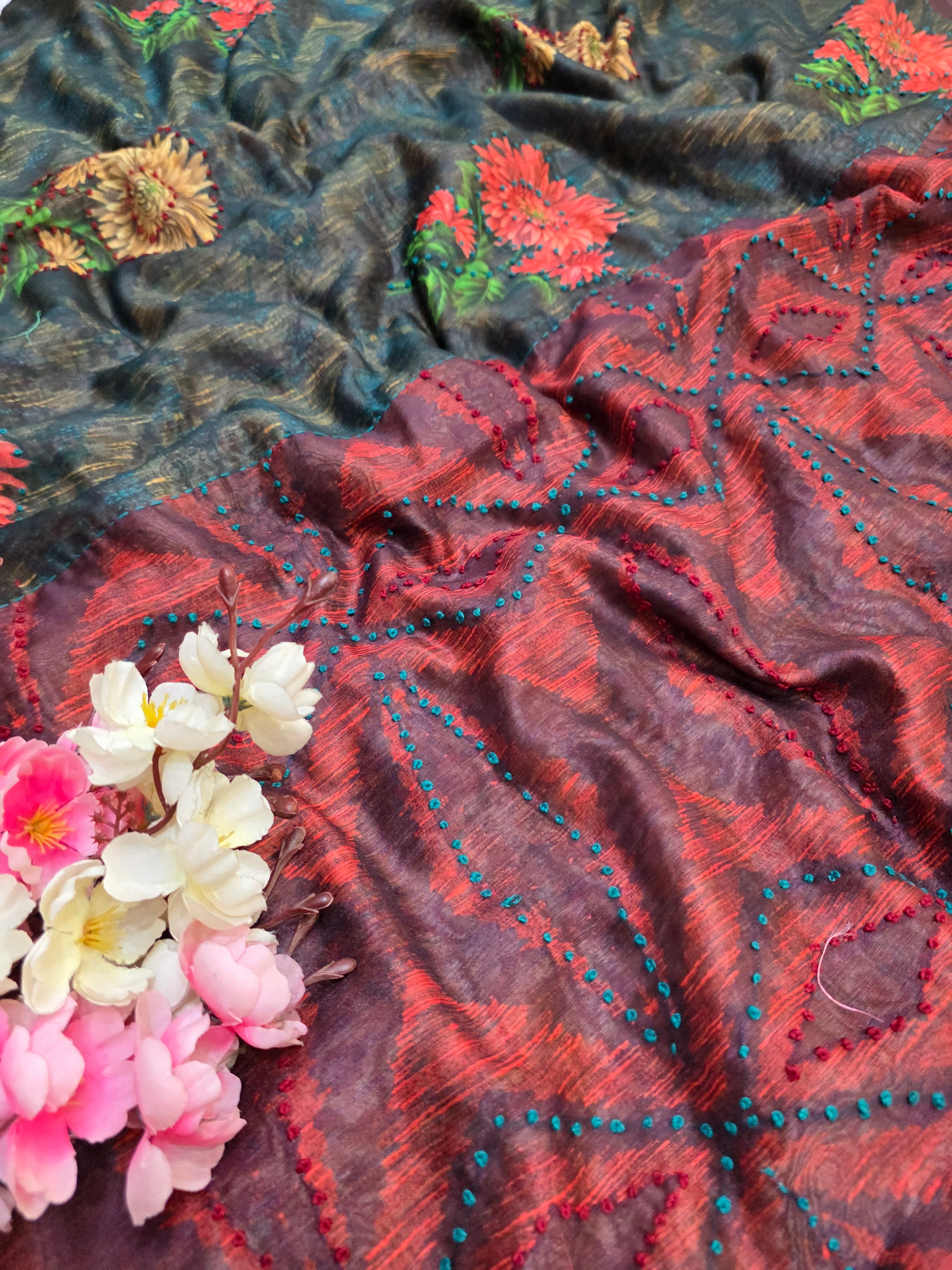 441006 Latest Designer Printed Saree with Kolkata Suta Work