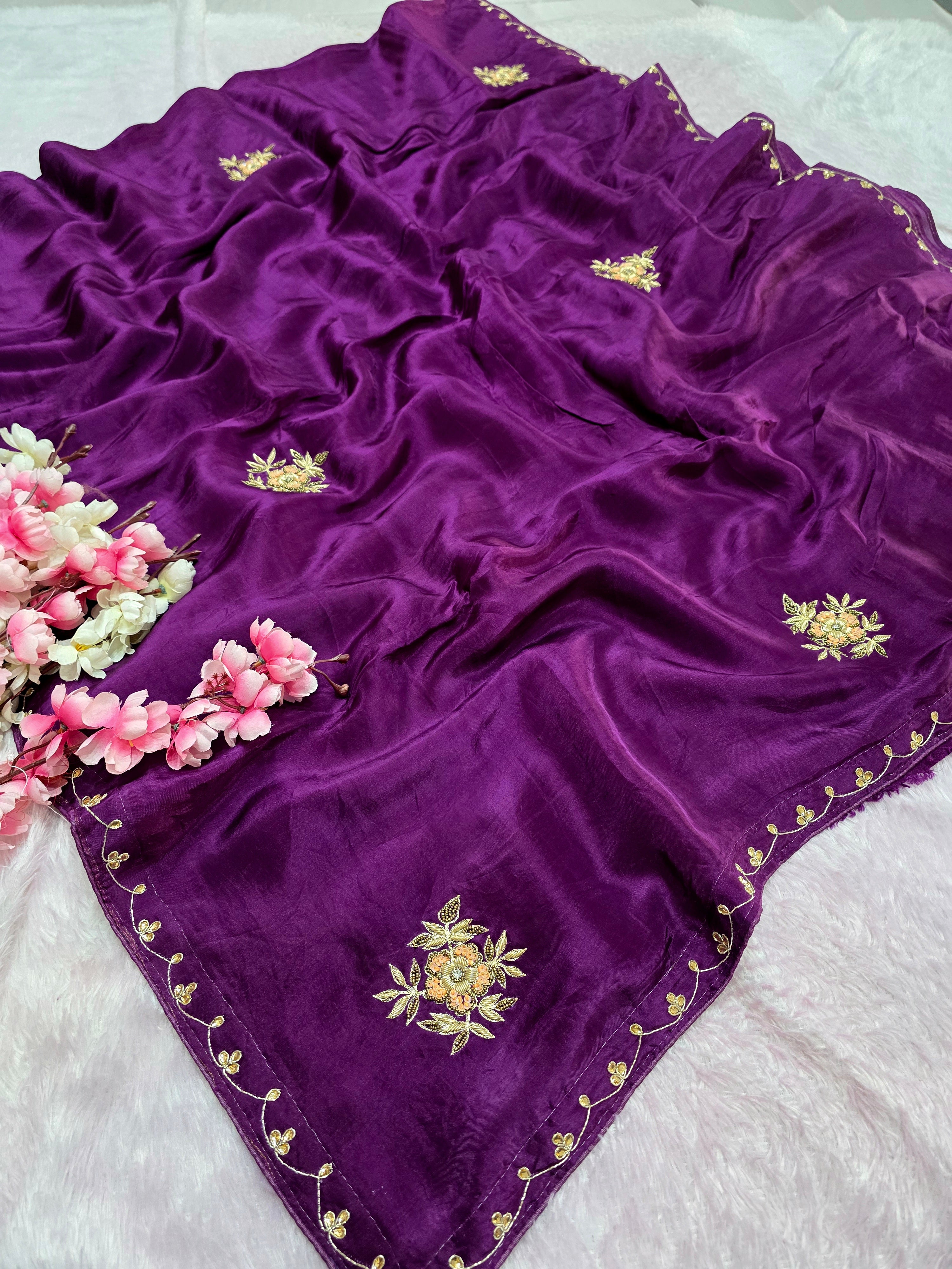 987003 Designer Pure H.O. Silk Traditional Rajasthani Saree with Hand Work Saree - Purple