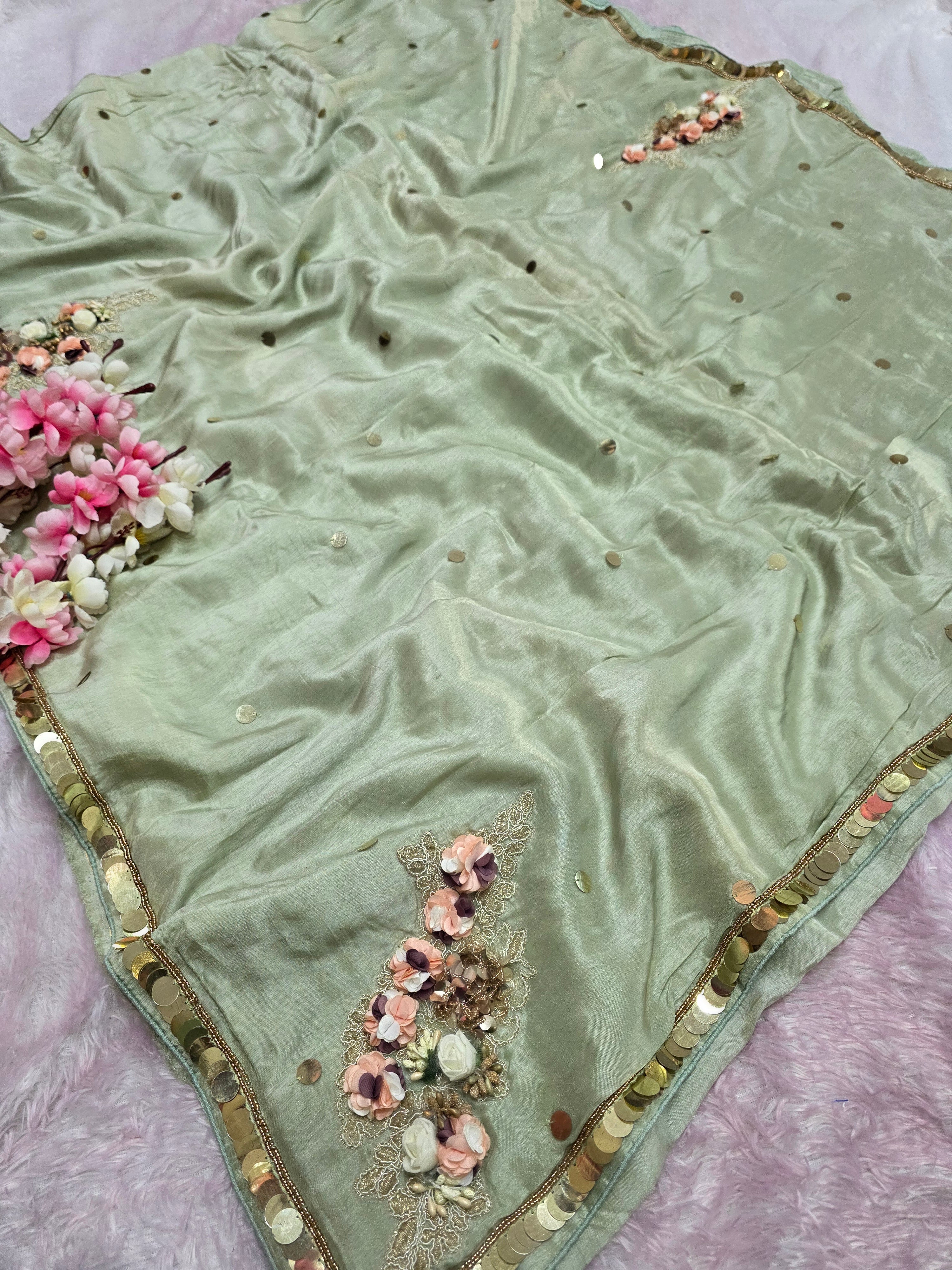 6660 Designer Party Wear Pure Russian Silk Fancy Saree with Handmade Work