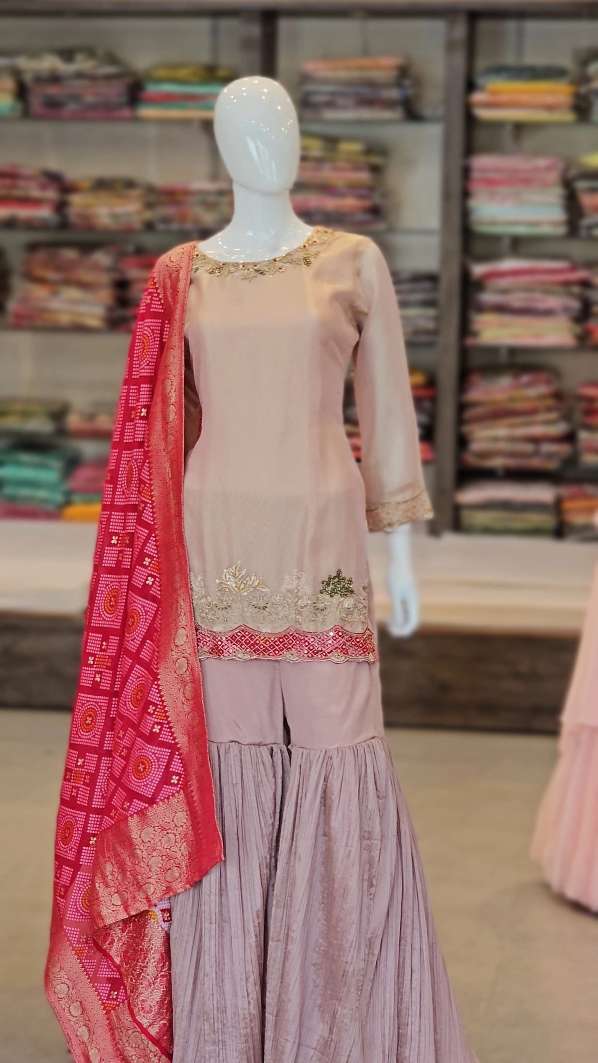 11976 Designer Tissue Crepe Silk Designer Dress with Sharara and Bandhani Dupatta