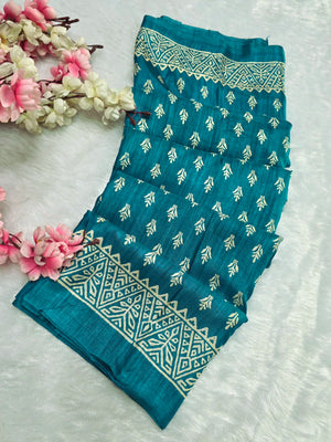 KS122 Semi Dola Silk Block Print Saree - Firozi