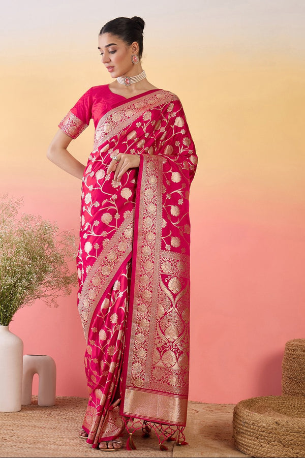 912001 Jhankar Zal Work Banarasi Satin Silk Saree - Rani