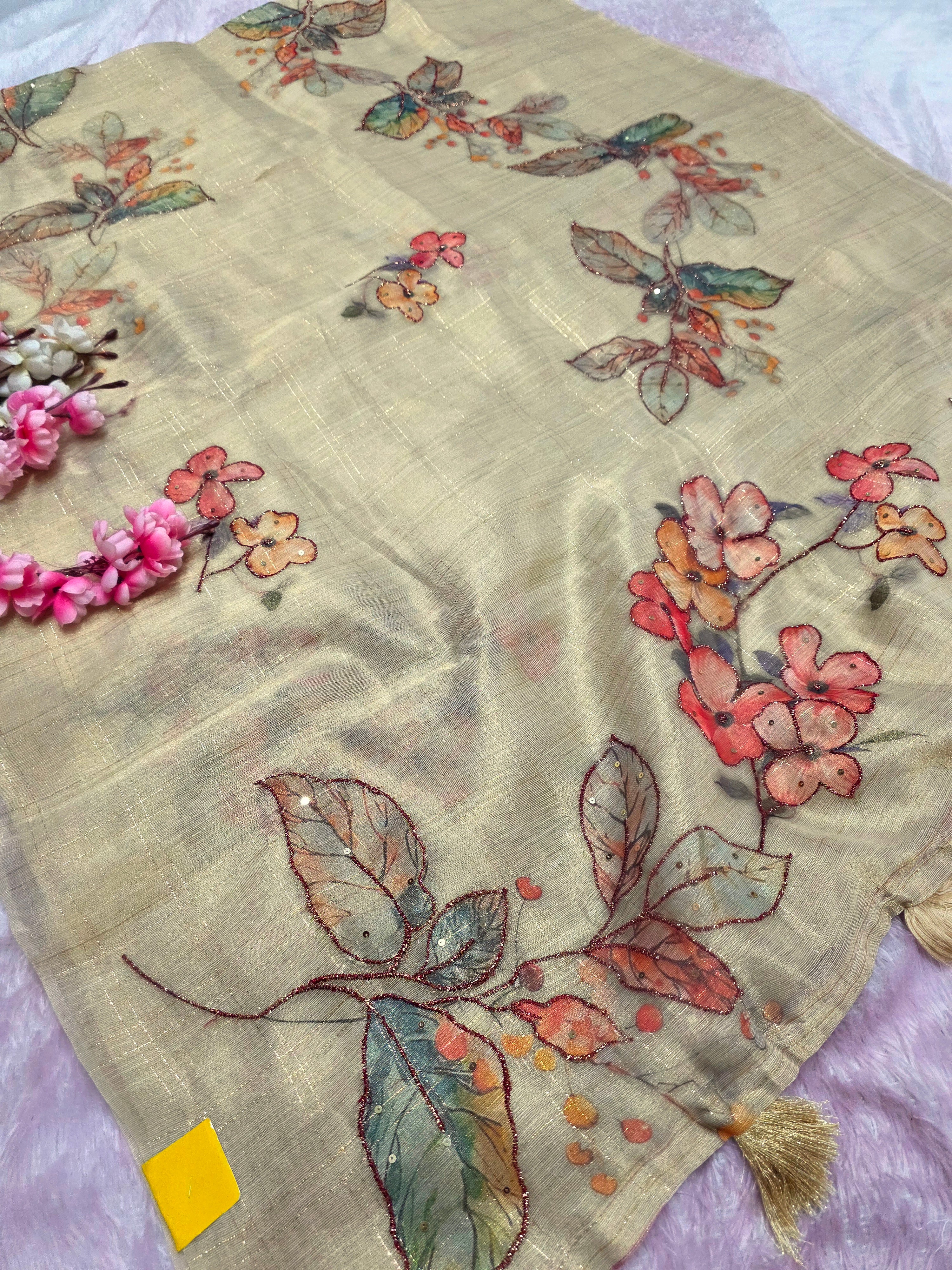 101705 Designer Tissue jute Silk Saree with Rajasthani Hand Aari Tari Work