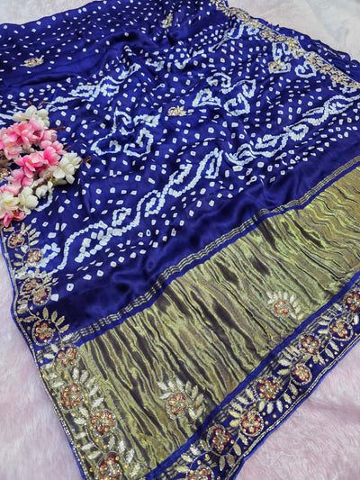 967004 Traditional Semi Gajji Silk Bandhani Saree with Hand Gota Patti Work - Blue
