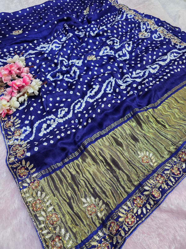 967004 Traditional Semi Gajji Silk Bandhani Saree with Hand Gota Patti Work - Blue