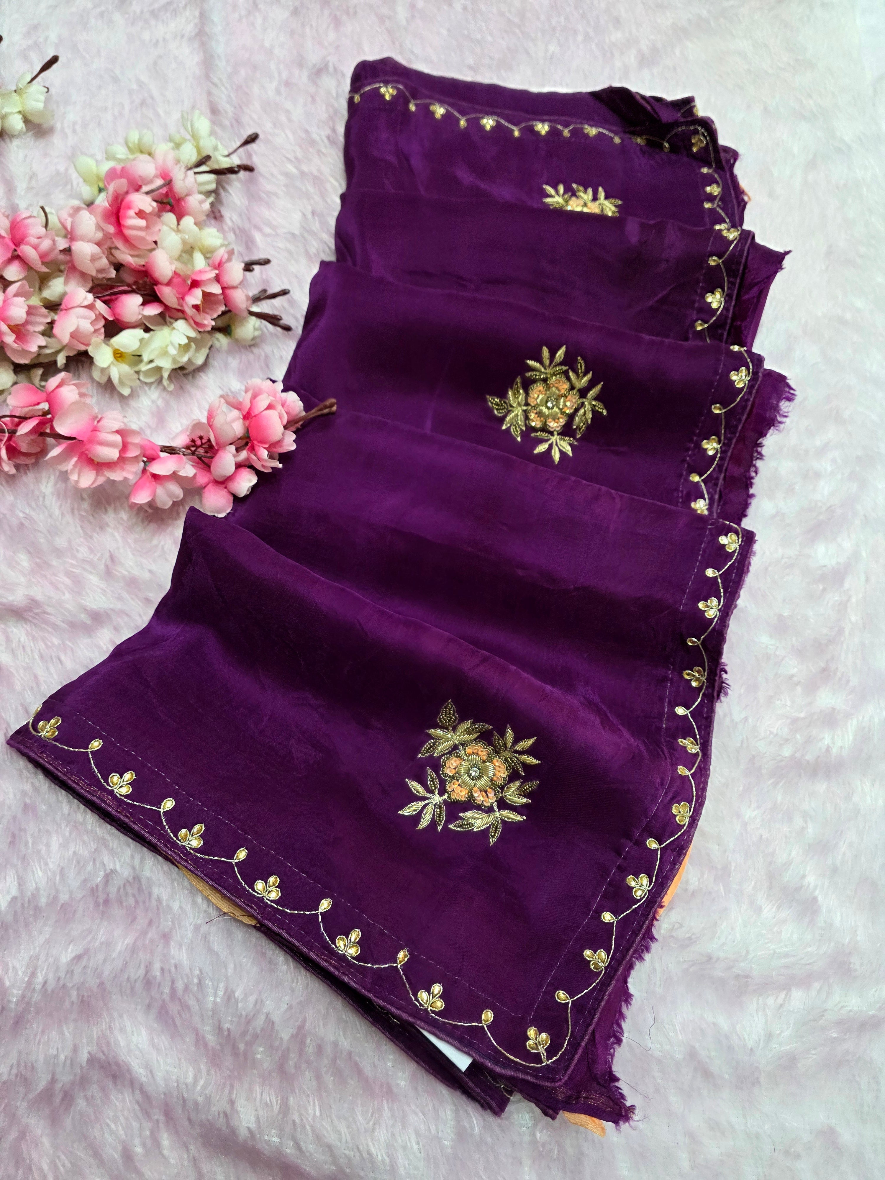 987003 Designer Pure H.O. Silk Traditional Rajasthani Saree with Hand Work Saree - Purple